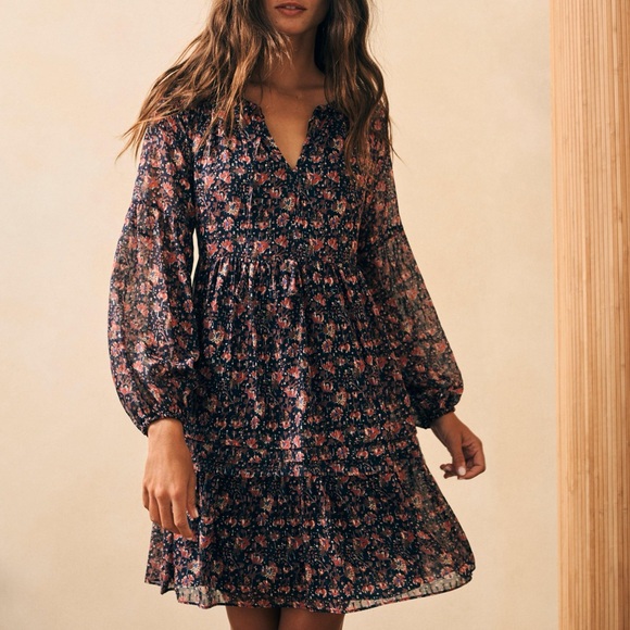 Faherty / Silk Cotton Sage Wood Floral V neck Dress Size large L - Picture 6 of 8